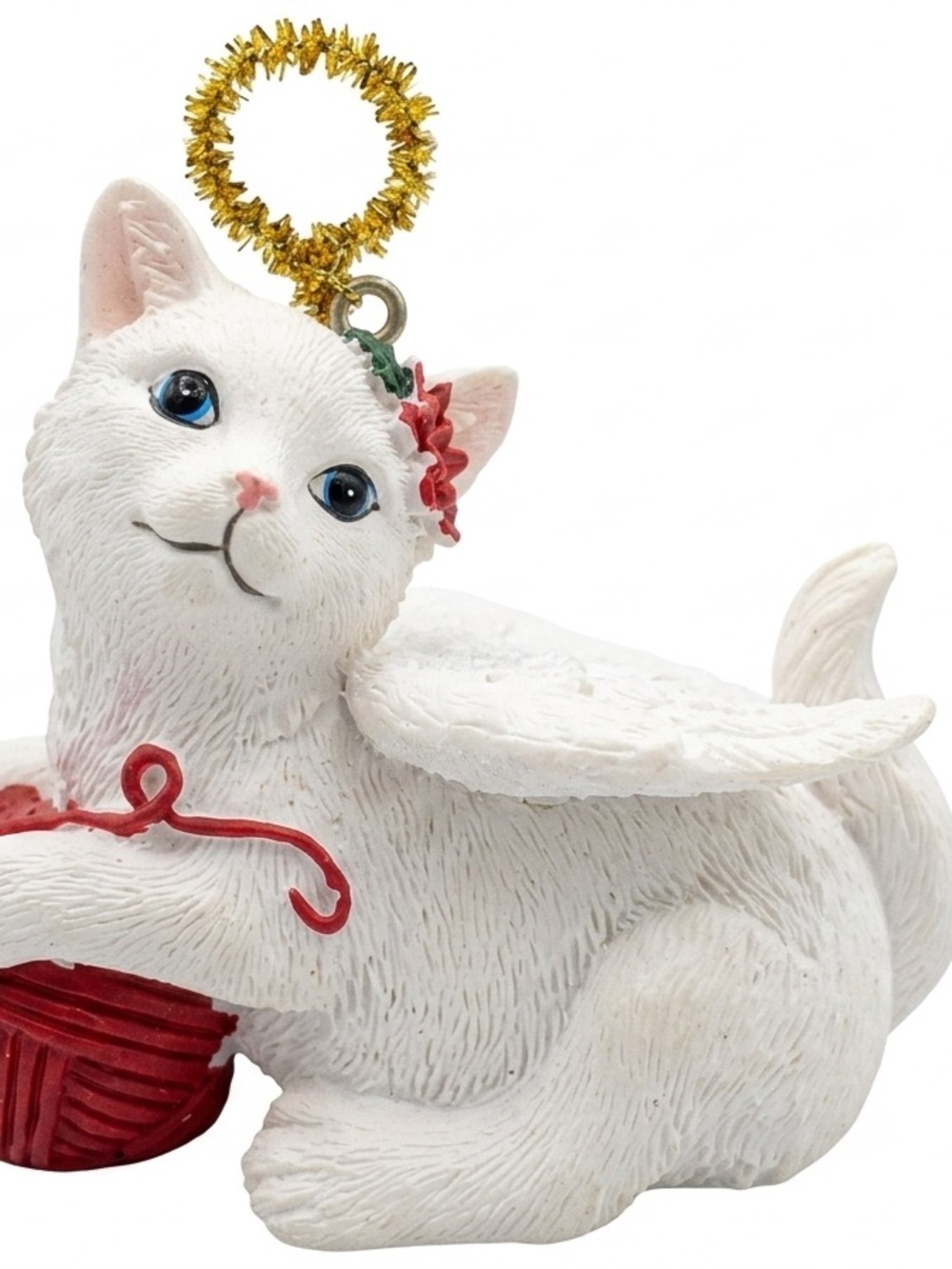 Vintage White Cat with Wings Red Ball of Yarn Ceramic Christmas Ornament 3”